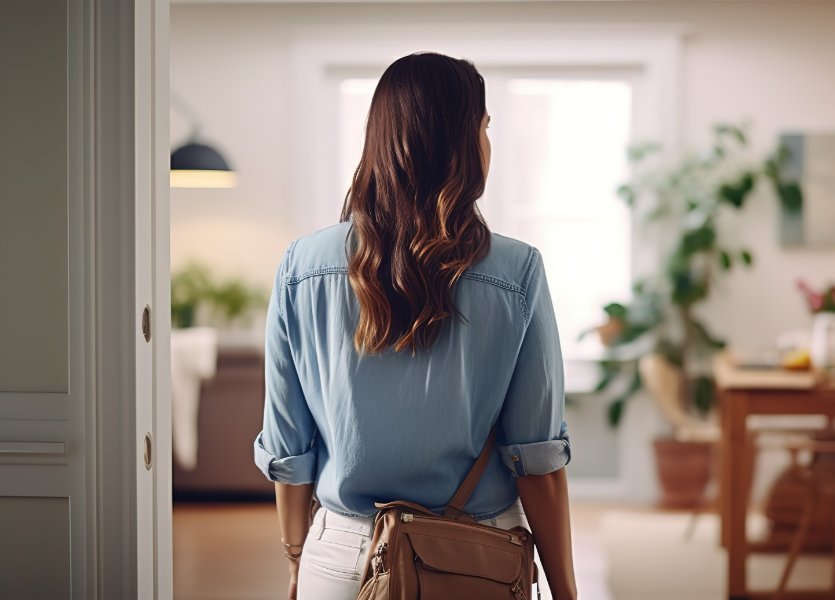 A woman standing with her back to the camera, in a bright home. 