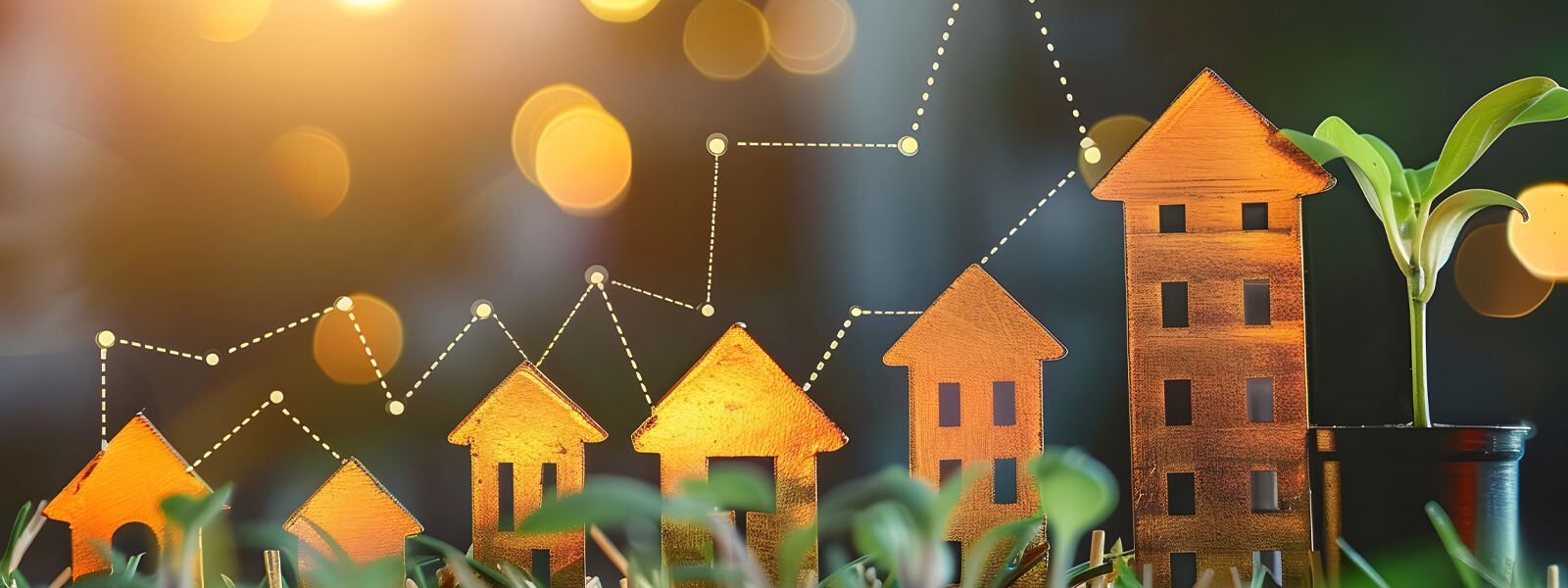 Paper houses lined up alongside plants and lights.