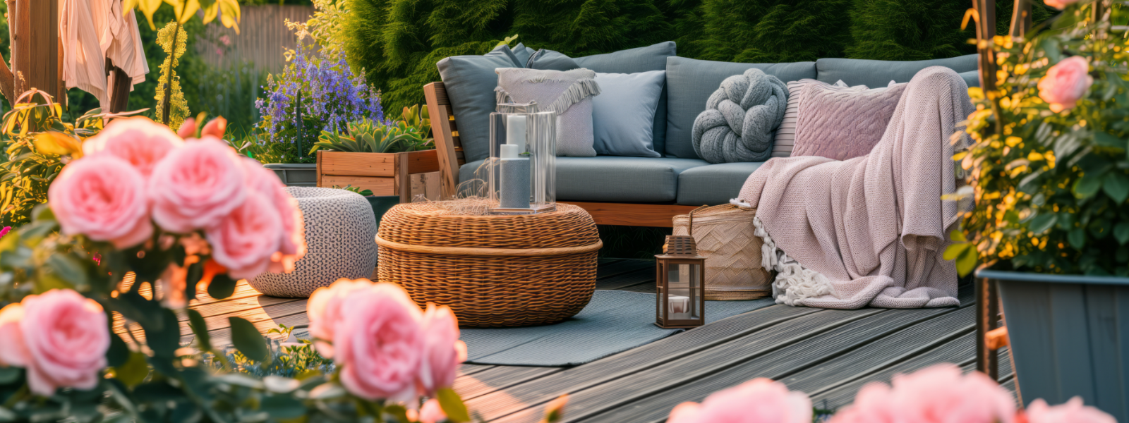 An outdoor backyard patio with flowers and greenery surrounding it. 