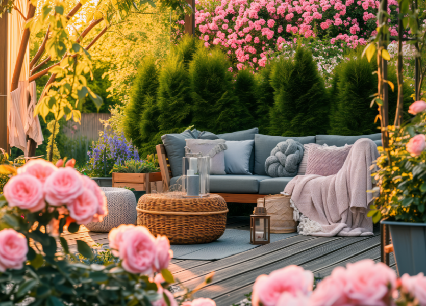 An outdoor backyard patio with flowers and greenery surrounding it. 