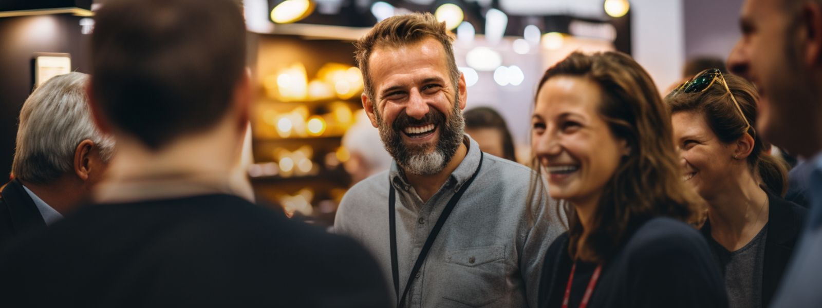 A group of smiling people having conversations at a conference. 