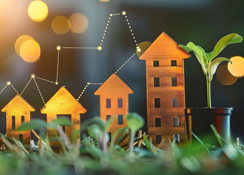 Paper houses lined up alongside plants and lights.