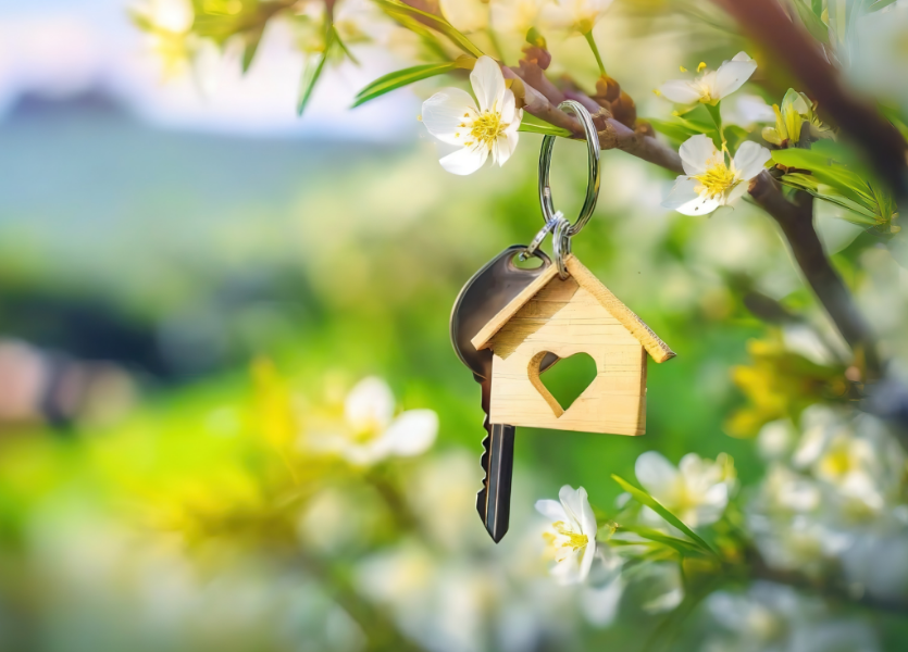 picture of a wooden house on the keychain with key, hanging off a tree in springtime